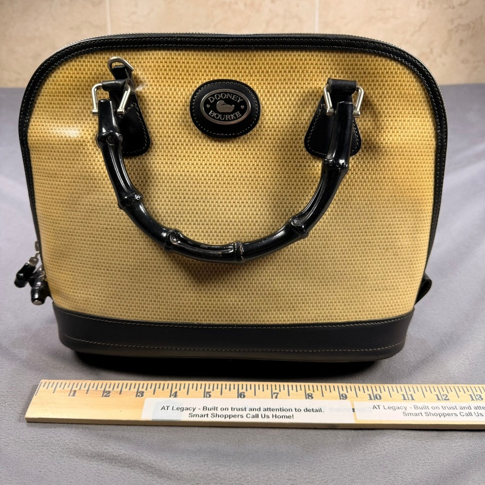Dooney & Bourke Bamboo Handle Dome Satchel Straw Leather Tan Black Medium Silver - Picture 8 of 13